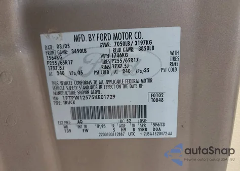 2005 Ford F-150 Lariat/Xlt из США, поврежденный, VIN 1FTPW12575KE01729